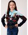 Image #1 - Roper Girls' Cowgirl Border Print Rayon Long Sleeve Western Blouse , Black, hi-res