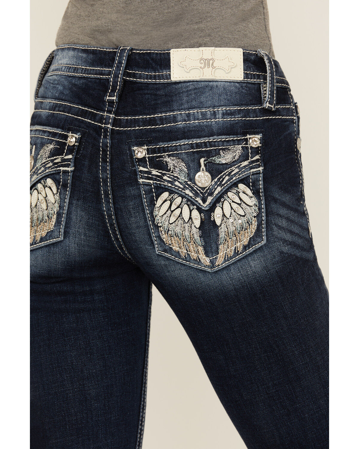Product Name:  Miss Me Women's Dark Wash Mid Rise Wing Pocket Bootcut Stretch Denim Jeans