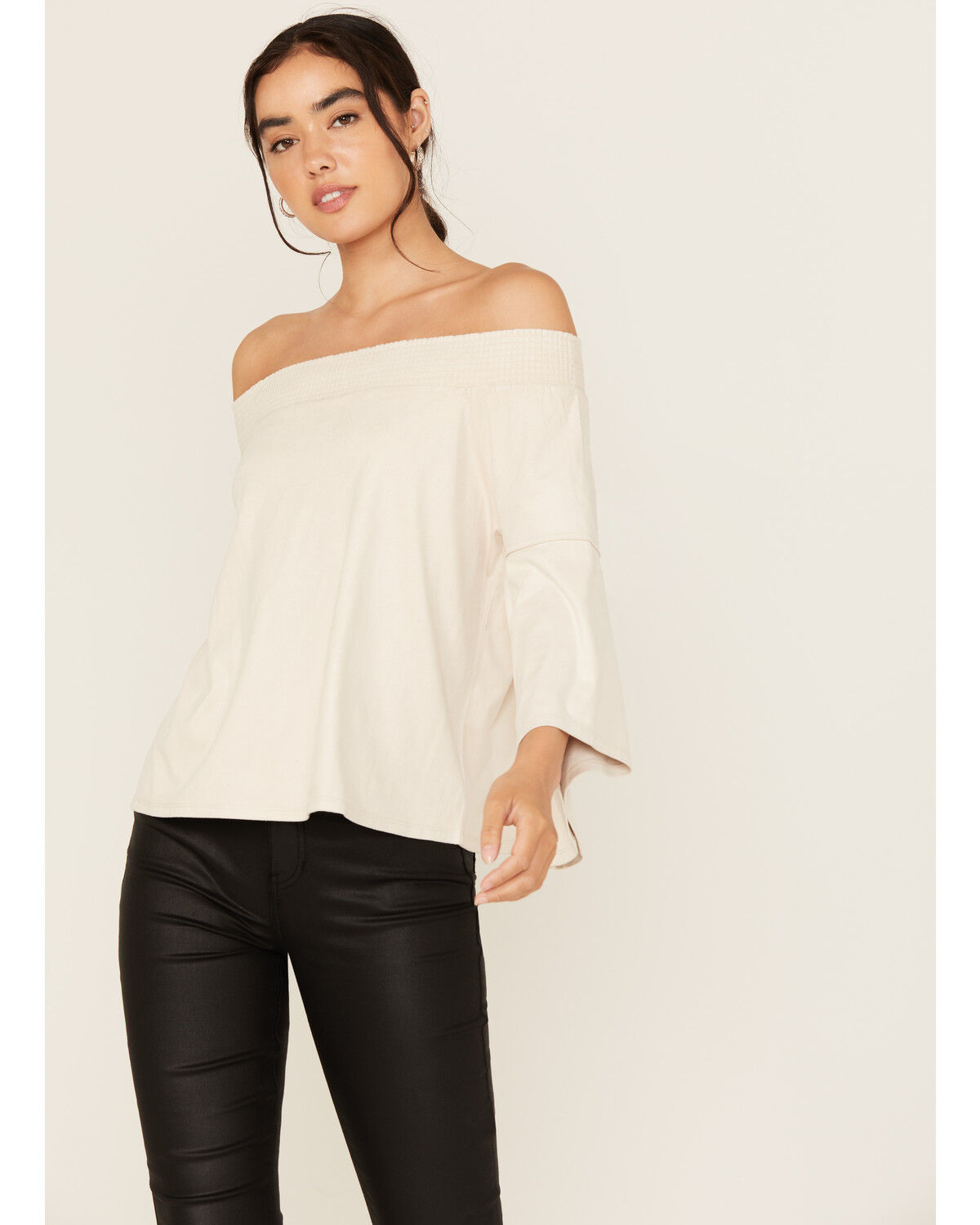 Image #1 - Shyanne Women's Solid Faux Suede Off The Shoulder Long Sleeve Shirt, Natural, hi-res