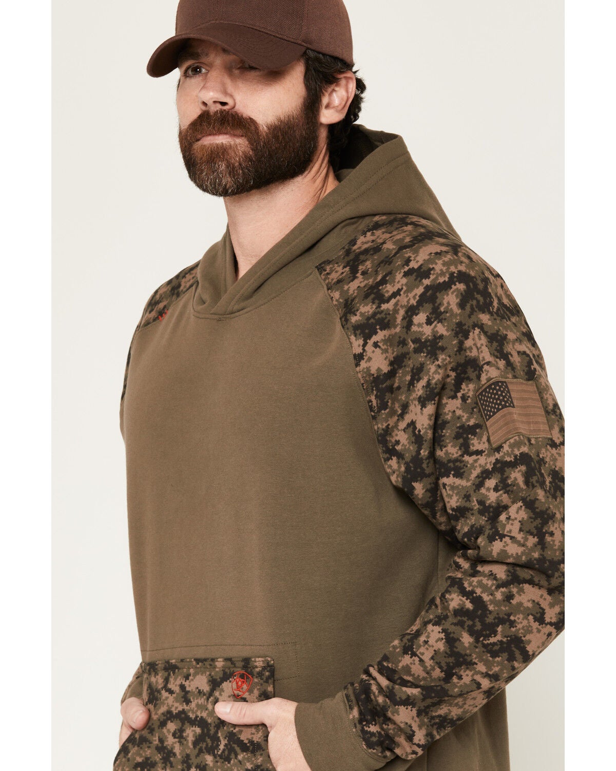 Image #2 - Ariat Men's FR Durastretch Patriot Hooded Sweatshirt, Brown, hi-res