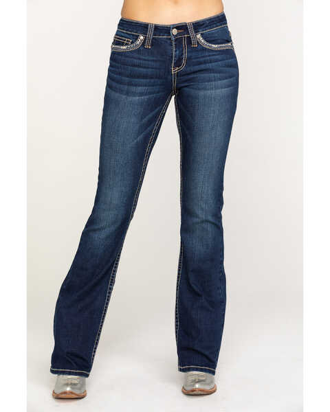Image #2 - Shyanne Women's Dark Wash Faux Flap Bling Bootcut Jeans, , hi-res