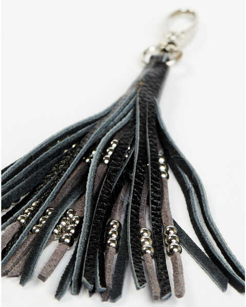 Shyanne Black Leather & Gold Beaded Fringe Keychain, Black, hi-res