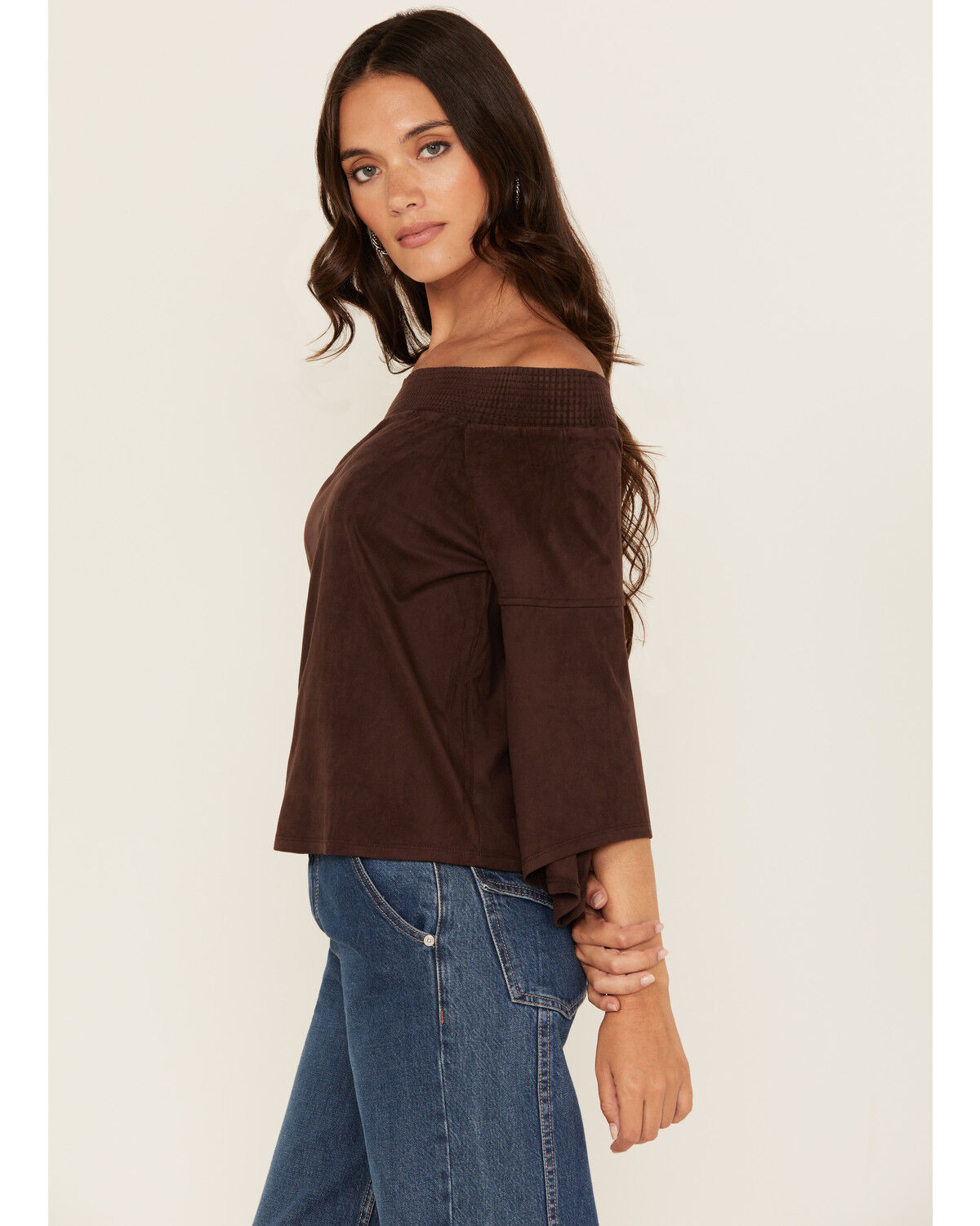Image #2 - Shyanne Women's Solid Faux Suede Off The Shoulder Long Sleeve Shirt, Chocolate, hi-res