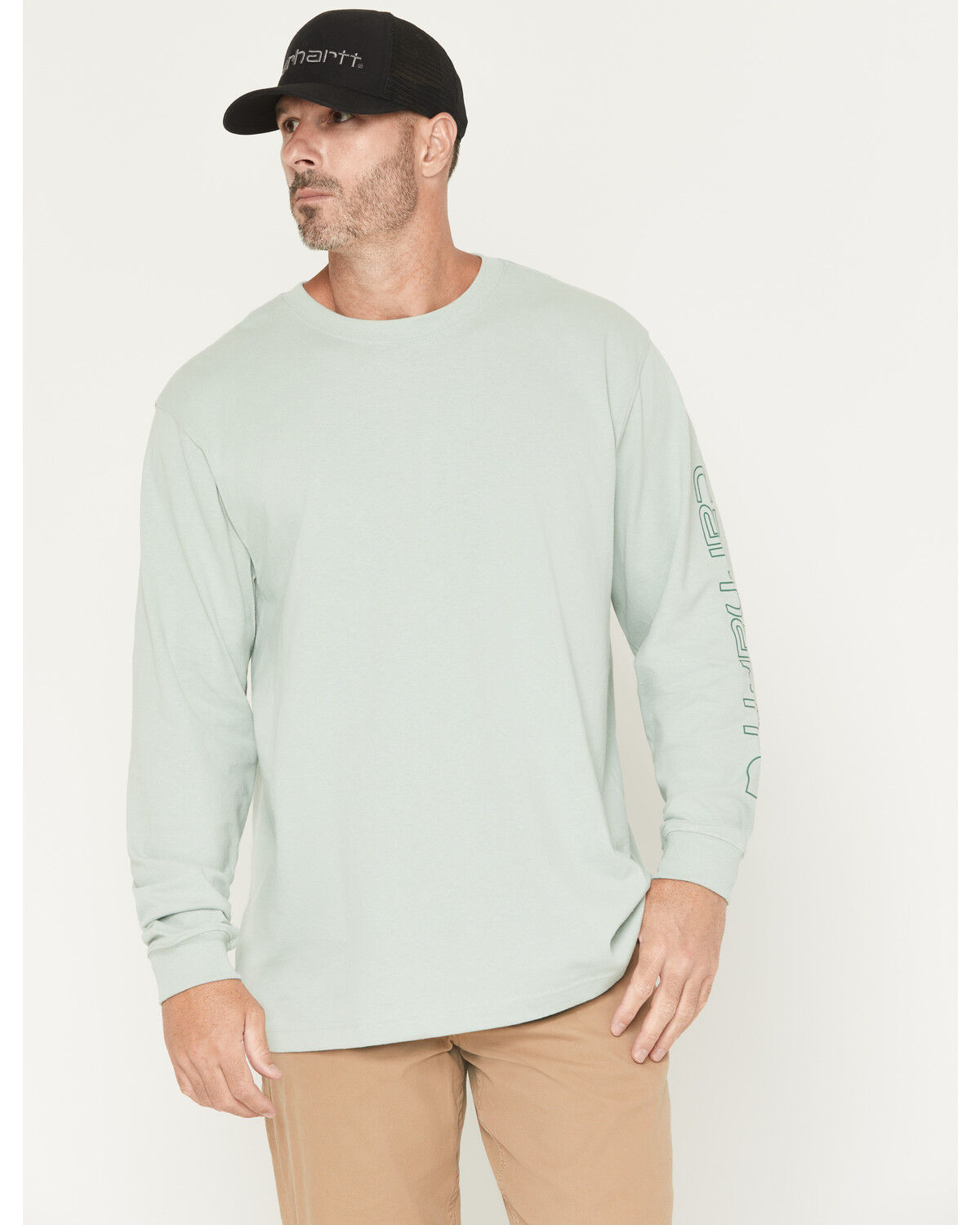 Image #1 - Carhartt Men's Loose Fit Heavyweight Long Sleeve Logo Graphic Work T-Shirt, Sage, hi-res
