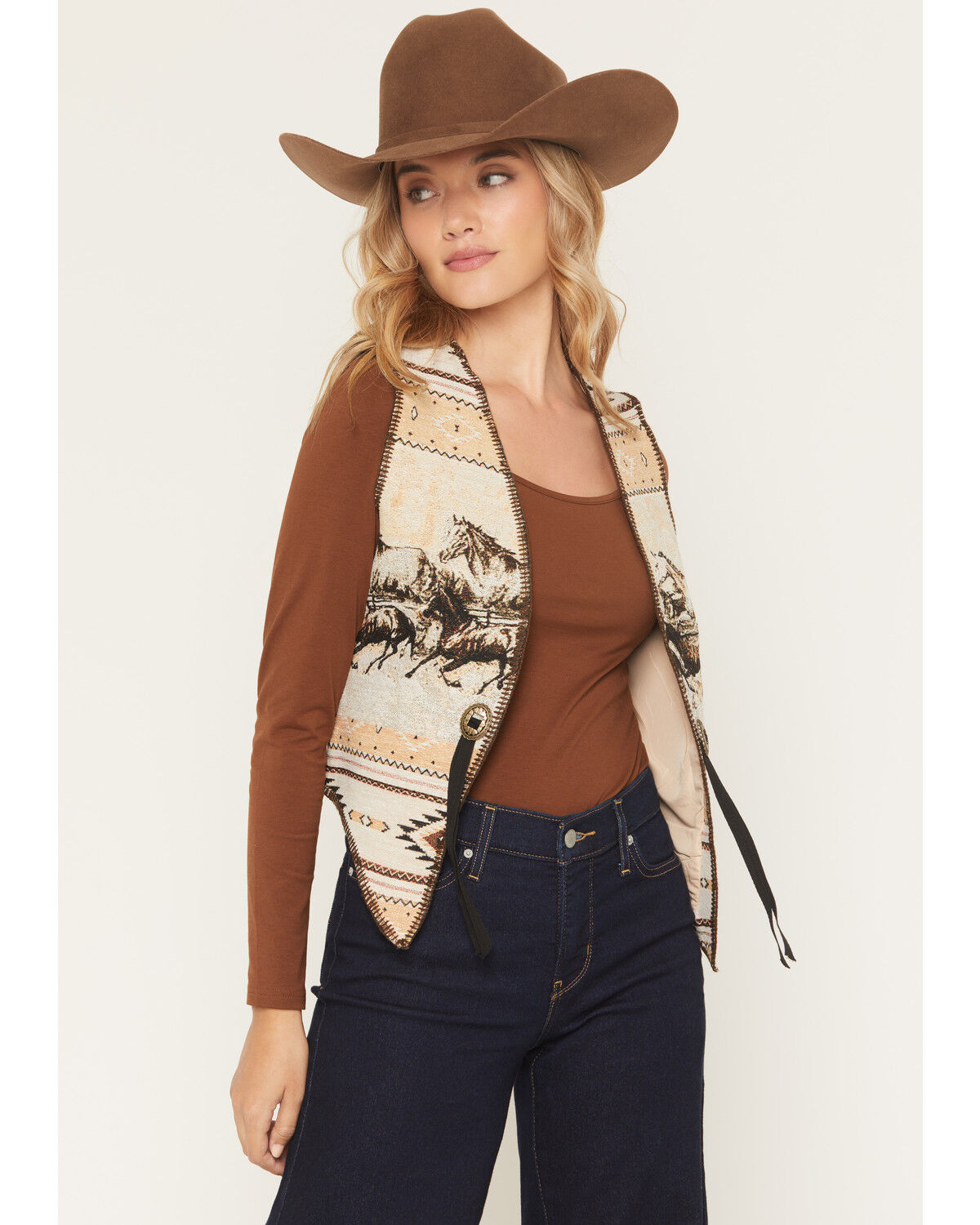 Fornia Women's Border Print Whip Stitch Tapestry Vest, Natural, hi-res