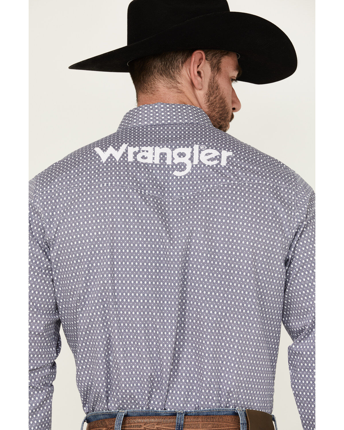 Image #4 - Wrangler Men's Geo Print Logo Long Sleeve Button-Down Western Shirt, Navy, hi-res