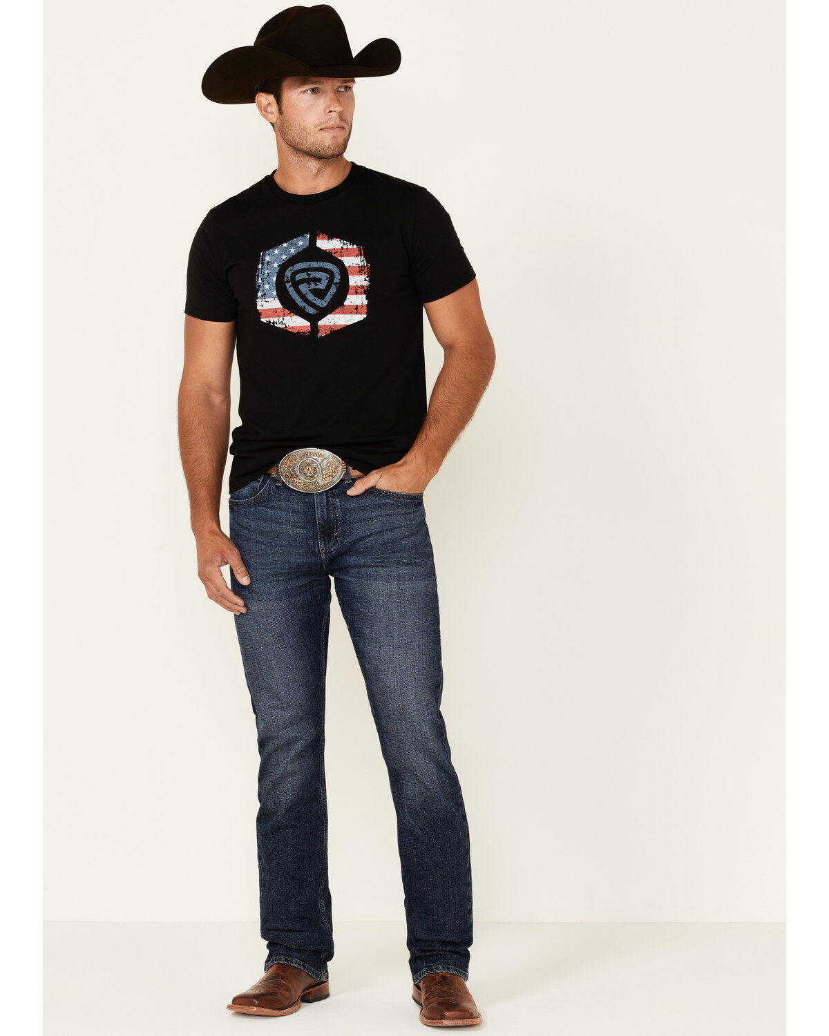 Image #2 - Rock & Roll Denim Men's Flag Logo Graphic Short Sleeve T-Shirt, Black, hi-res