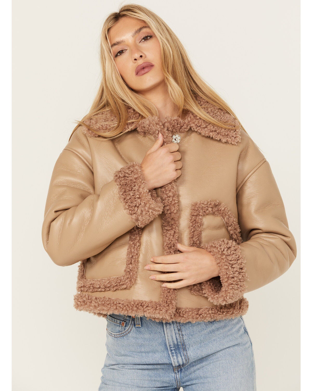 Cleo + Wolf Women's Reversible Sherpa Trimmed Moto Jacket, Taupe, hi-res