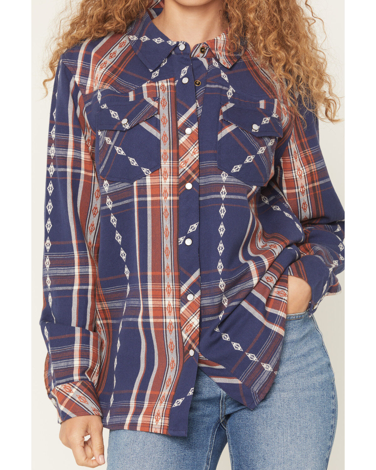 Image #3 - Idyllwind Women's Glenmond Dobby Plaid Print Long Sleeve Snap Flannel Shirt, Dark Blue, hi-res