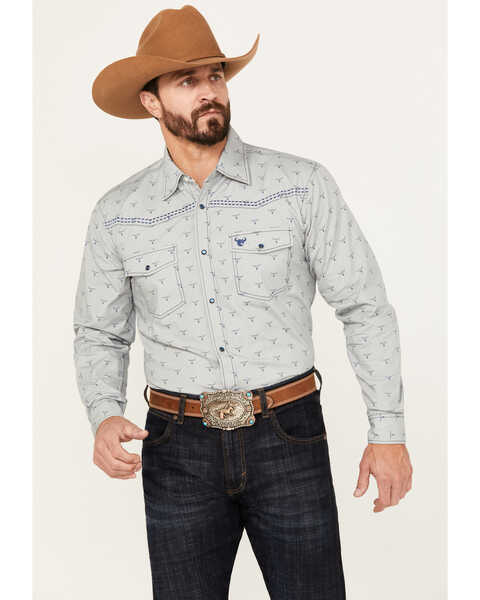 Cowboy Hardware Men's All Over Skull Long Sleeve Western Snap Shirt, Light Grey, hi-res