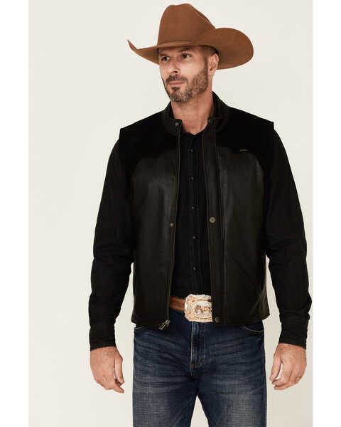 Wrangler Men's Black Leather Suede Yoke Storm-Flap Western Vest , Black, hi-res