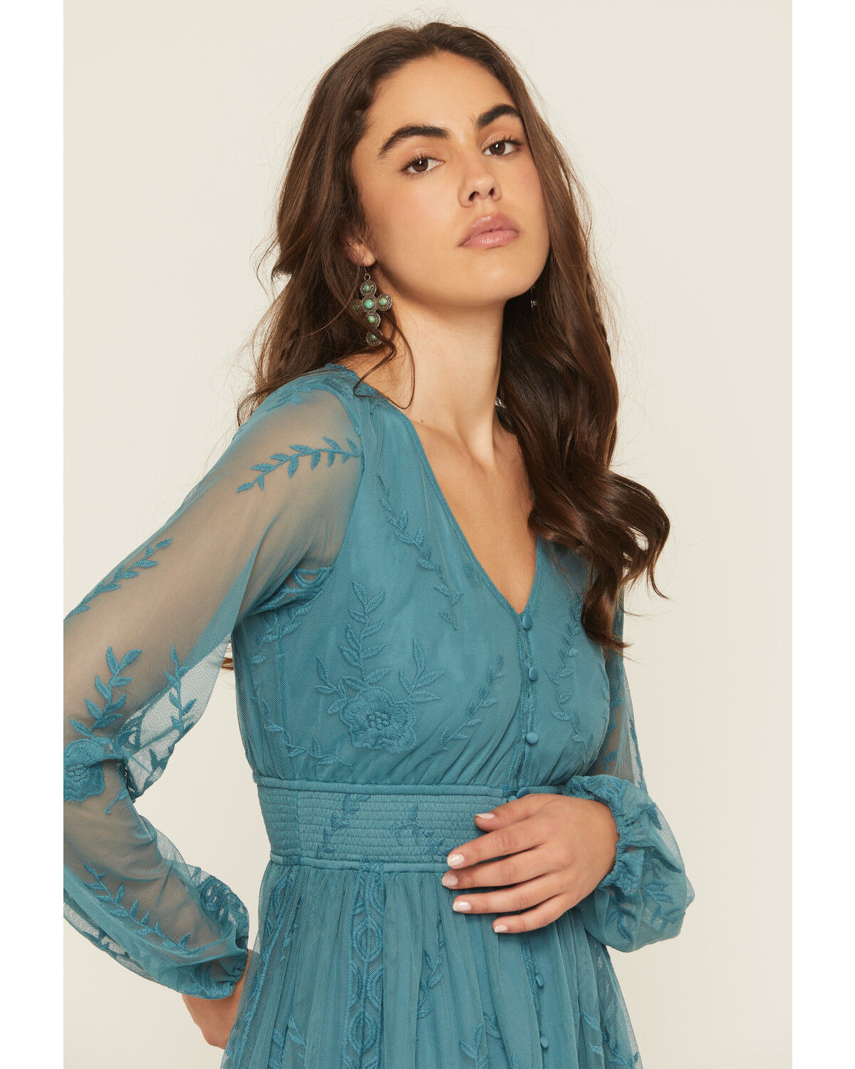 Shyanne Women's Embroidered Mesh Long Sleeve Button Front Mini Dress