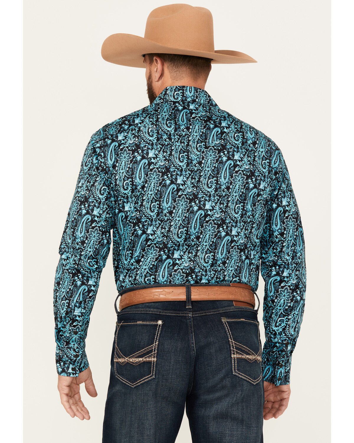 Image #4 - Rock & Roll Denim Men's Paisley Print Long Sleeve Snap Stretch Western Shirt, Teal, hi-res