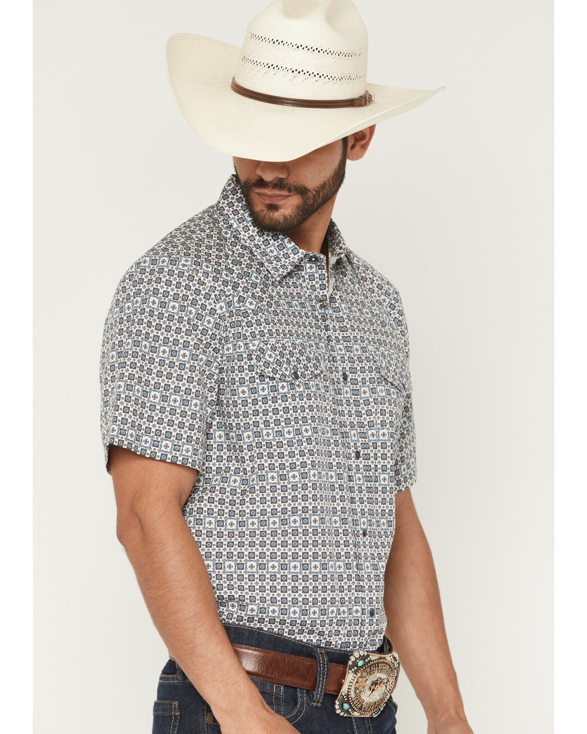 Image #2 - Gibson Trading Co Men's haven Geo Print Short Sleeve Snap Western Shirt - Big, Light Blue, hi-res