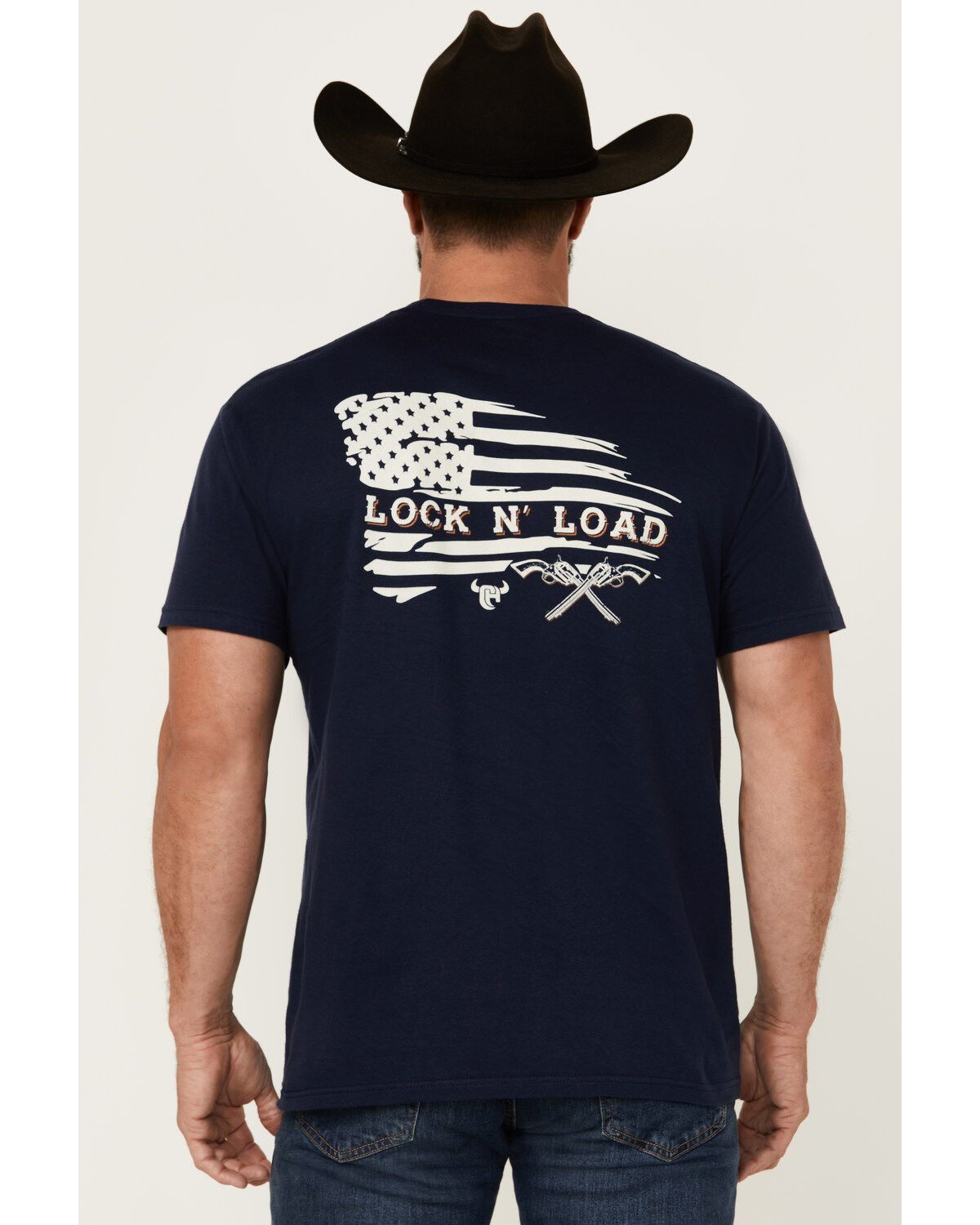 Image #1 - Cowboy Hardware Men's Lock & Load Short Sleeve Graphic T-Shirt, Navy, hi-res