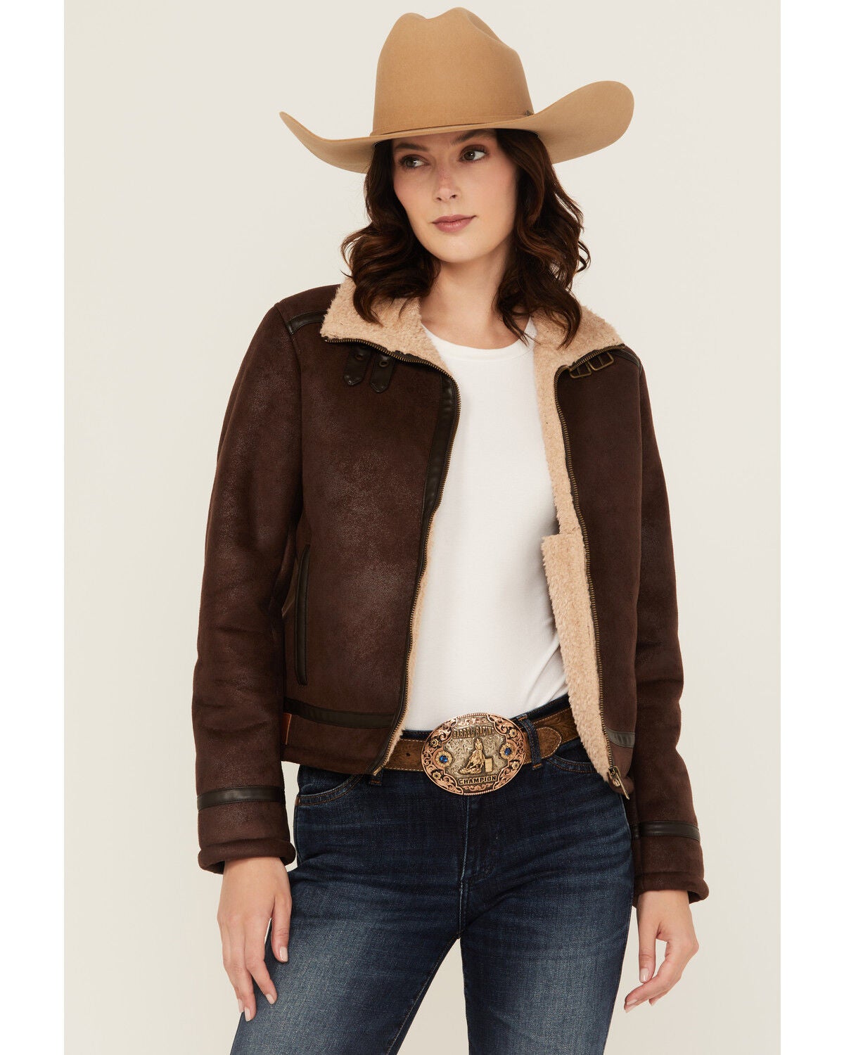 Shyanne Women's Shearling Lined Faux Suede Jacket, Dark Brown, hi-res