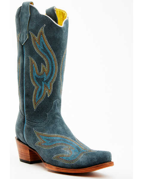 Planet Cowboy Women's Steel My Blues Psychedelic Suede Leather Western Boot - Snip Toe , Blue, hi-res