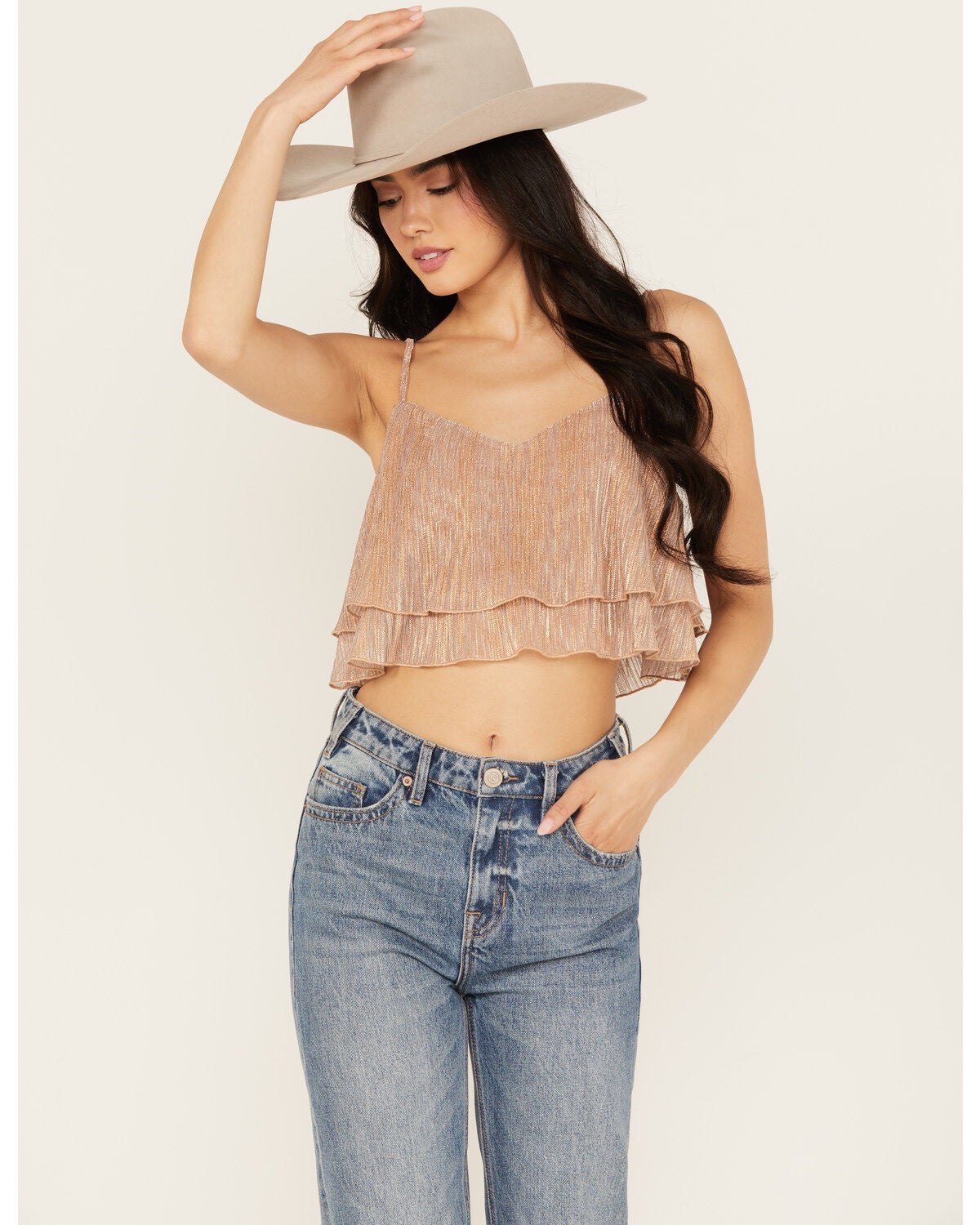 En Creme Women's Metallic Cropped Tank Top, Rose, hi-res