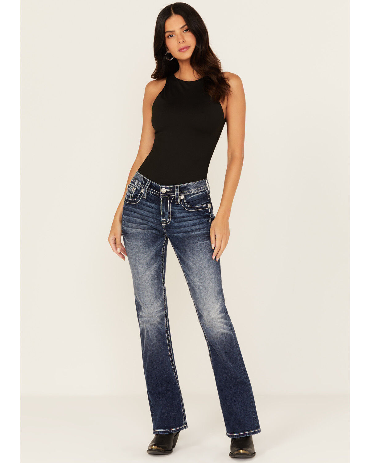 Image #3 - Miss Me Women's Dark Wash Mid Rise Steer Head Pocket 32" Bootcut Stretch Denim Jeans, Dark Wash, hi-res