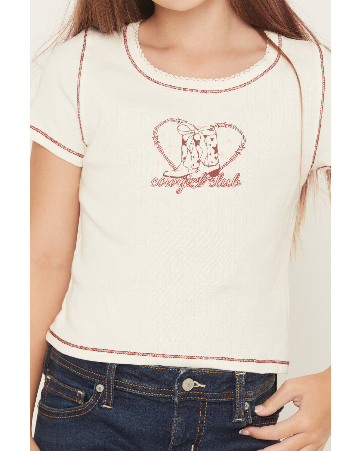 Image #3 - Self Esteem Girls' Cowgirl Club Short Sleeve Graphic Tee, Off White, hi-res