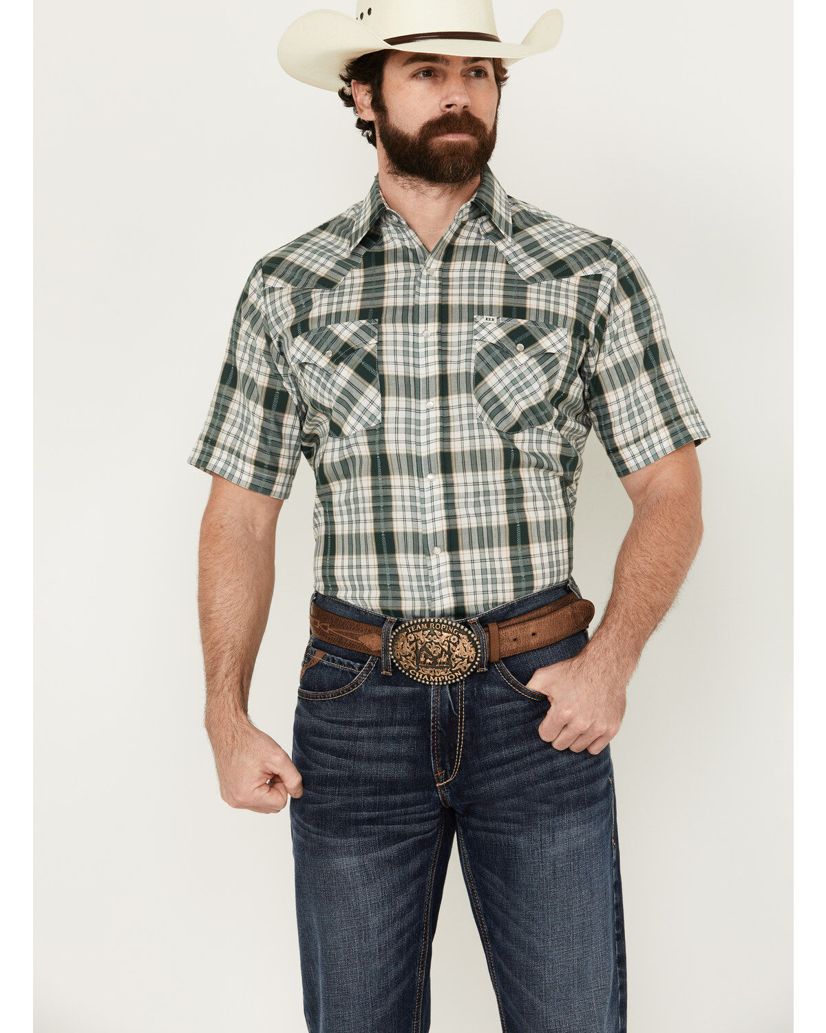 Image #1 - Ely Walker Men's Dobby Plaid Print Short Sleeve Snap Western Shirt, Green, hi-res