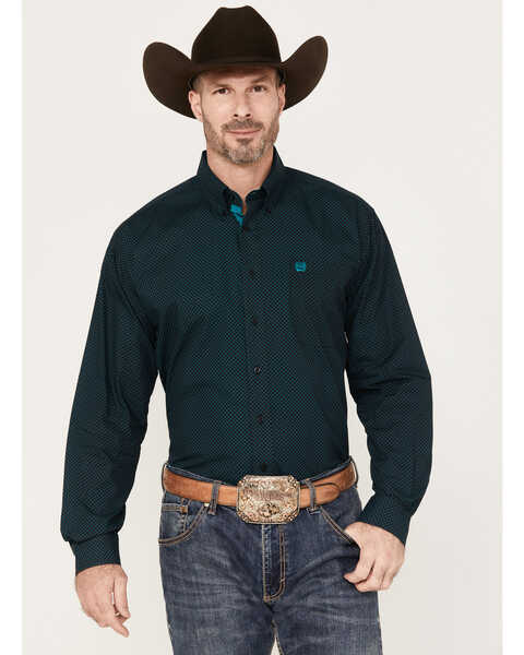 Cinch Men's Geo Print Button Down Long Sleeve Western Shirt, Black, hi-res