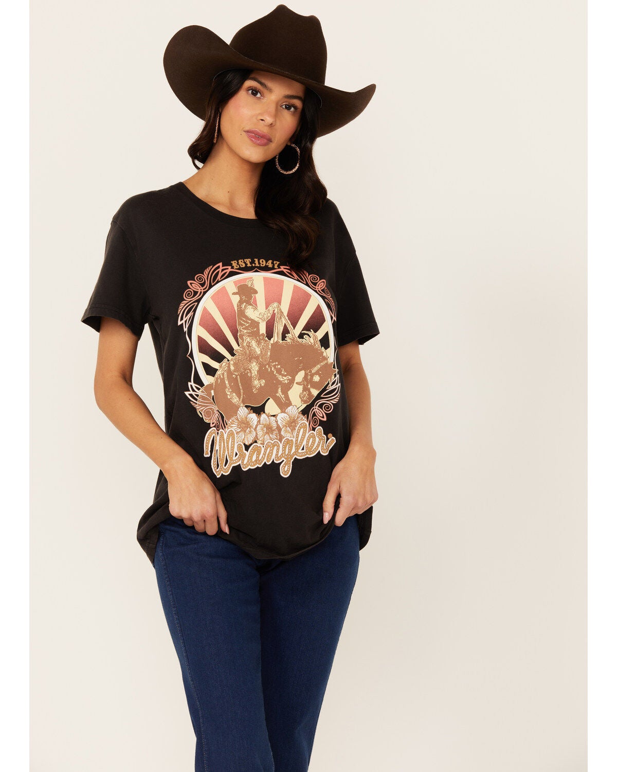 Wrangler Women's Boot Barn Exclusive Cowboy Logo Boyfriend Fit Short Sleeve Graphic Tee, Black, hi-res