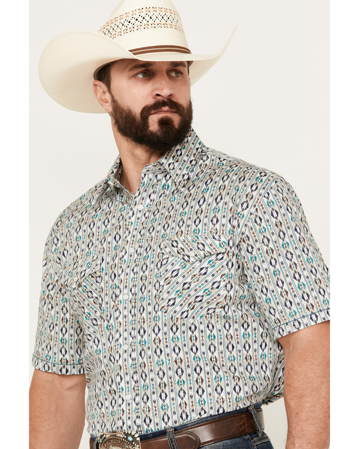 Image #2 - Rough Stock by Panhandle Men's Distressed Southwestern Short Sleeve Stretch Western Pearl Snap Shirt, , hi-res
