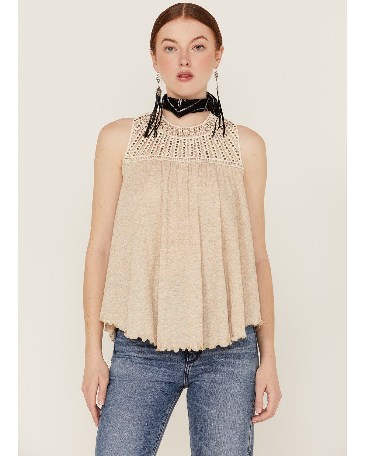 Wild Moss Women's Crochet Studded Yoke Flowy Tank Top, Cream, hi-res