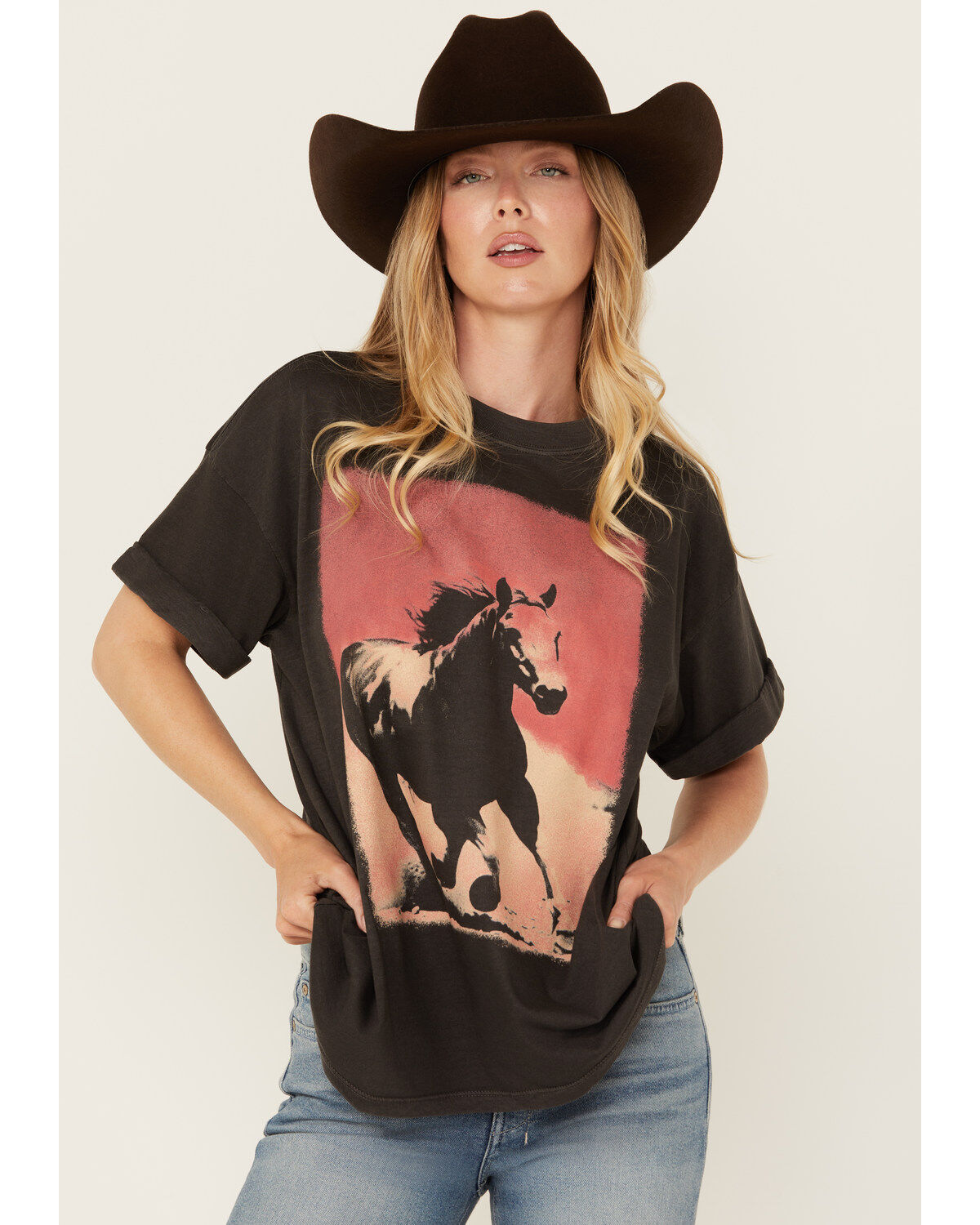 Image #1 - Girl Dangerous Women's Running Horses Short Sleeve Graphic Tee, Grey, hi-res