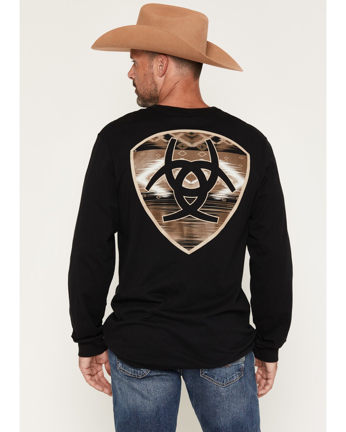 Image #1 - Ariat Men's Boot Barn Exclusive Logo Shield Long Sleeve Graphic T-Shirt, Black, hi-res