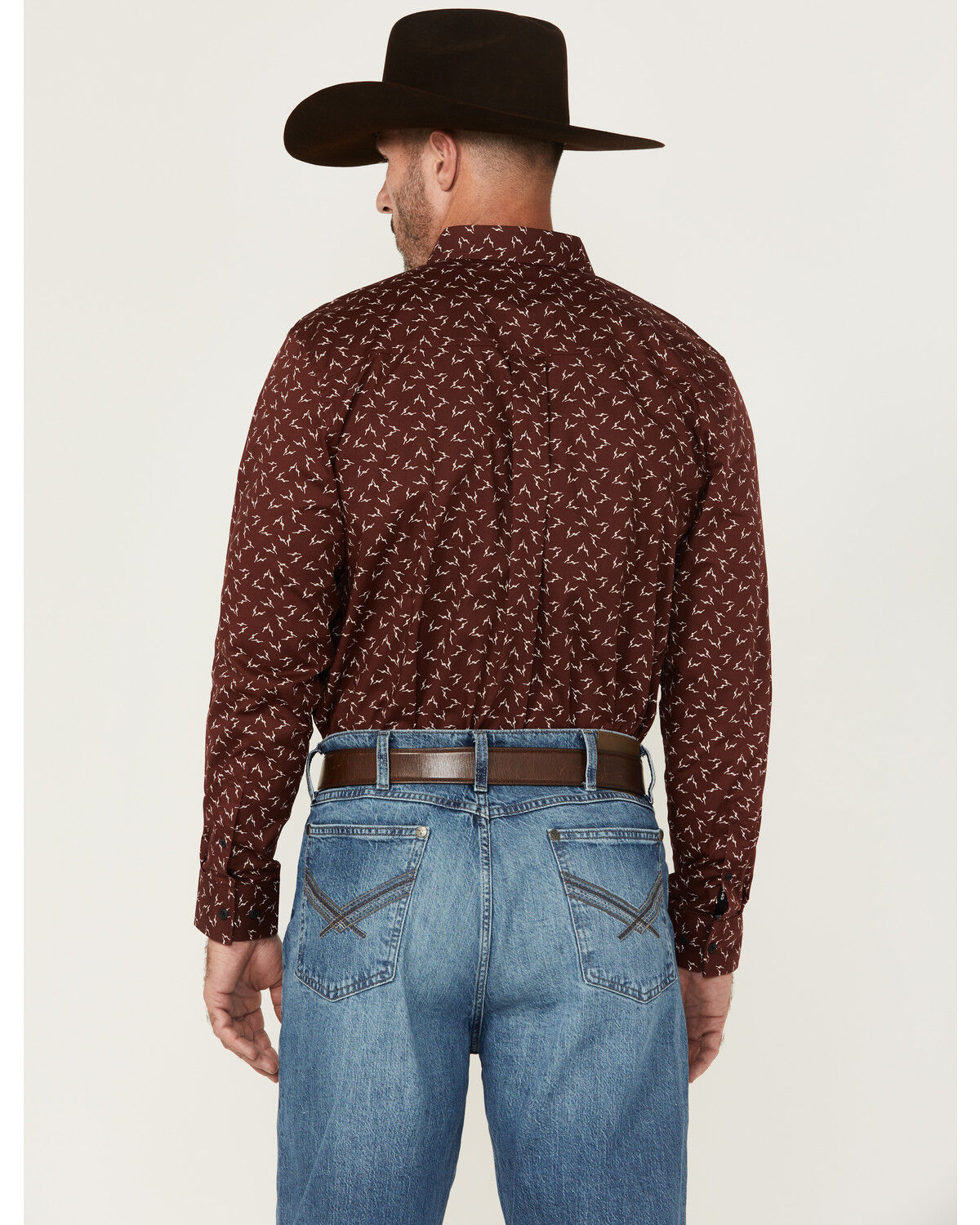 Image #4 - RANK 45® Men's Bronc Buster Geo Print Long Sleeve Button-Down Stretch Western Shirt, Burgundy, hi-res