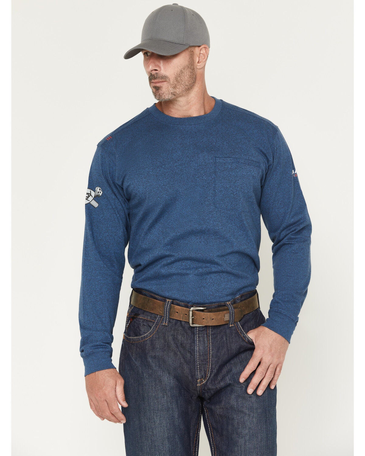 Image #2 - Ariat Men's FR Air Bolt Long Sleeve Graphic Work Shirt, Heather Blue, hi-res