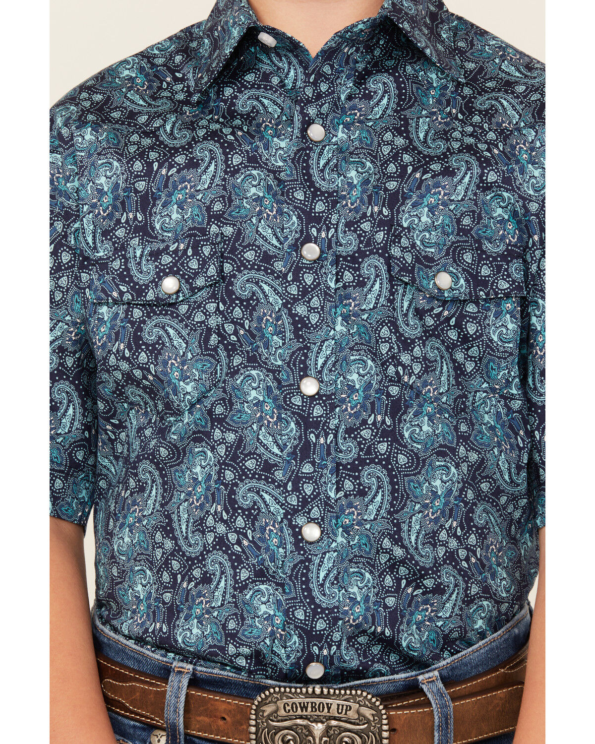 Image #3 - Panhandle Boys' Paisley Print Short Sleeve Snap Western Shirt, Blue, hi-res