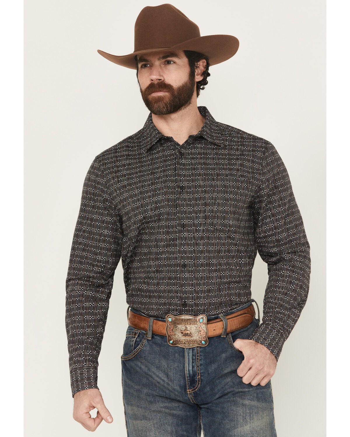 Gibson Trading Co Men's Bug Out Plaid Print Long Sleeve Button-Down Stretch Western Shirt, Black, hi-res