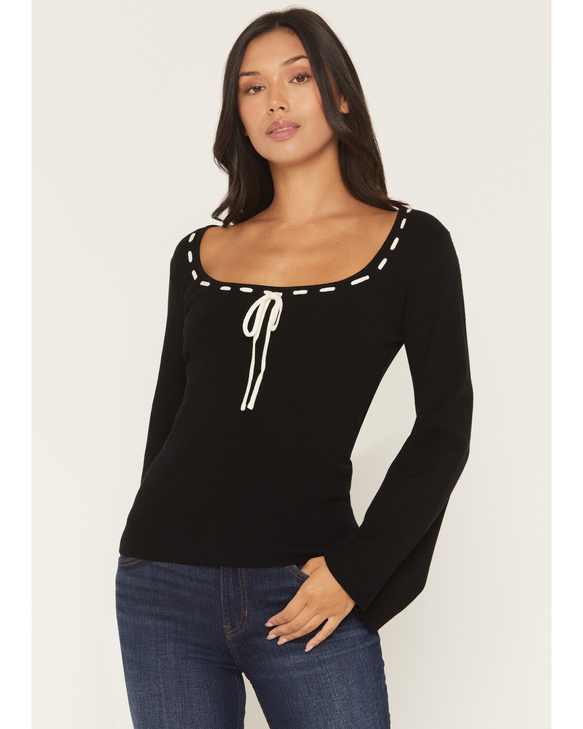 Image #1 - Originality Women's Solid Flared Long Sleeve Sweater, Black, hi-res