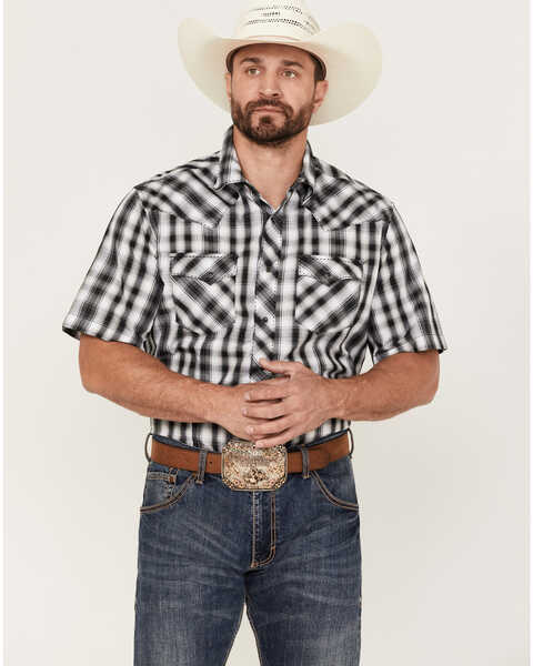 Wrangler Men's Plaid Short Sleeve Fashion Snap Western Shirt , Black, hi-res