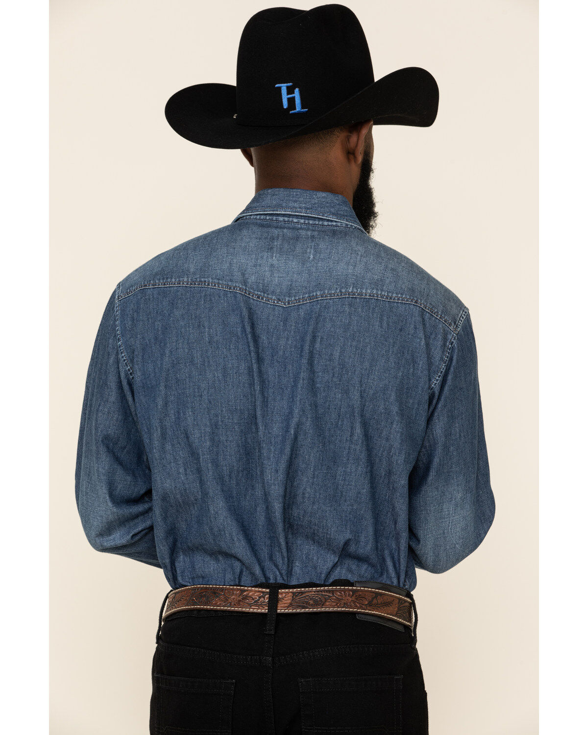 Image #5 - Ariat Men's Retro Stone Washed Denim Long Sleeve Western Shirt, Blue, hi-res