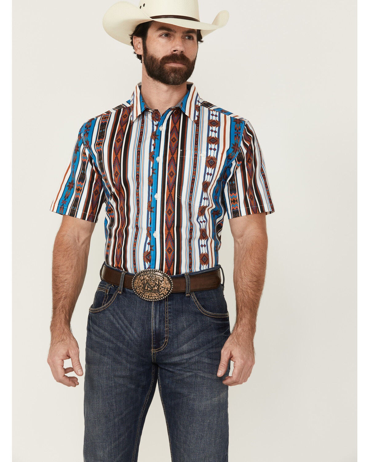 RANK 45&reg; Men's Dylon Southwestern Striped Print Short Sleeve Button-Down Stretch Western Shirt, Multi, hi-res