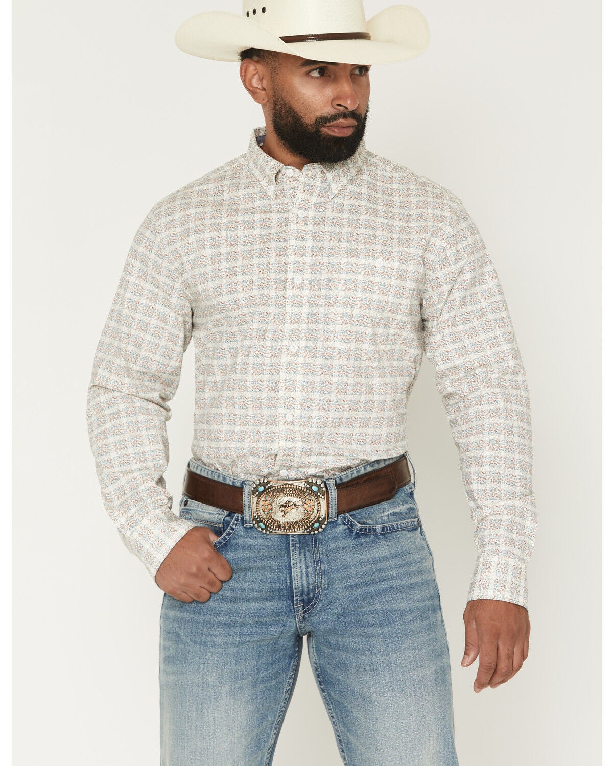 RANK 45&reg; Men's Shocker Geo Print Long Sleeve Button-Down Stretch Western Shirt, Cream, hi-res
