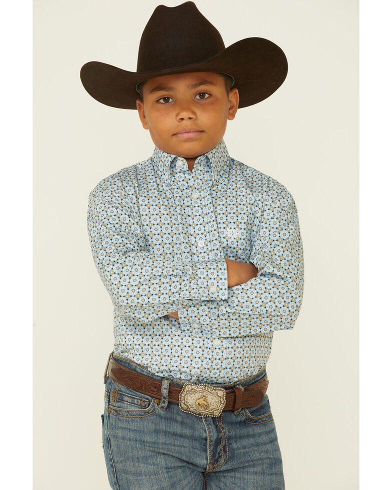Panhandle Boys' Sky Blue Geo Print Long Sleeve Button-Down Western Shirt , Blue, hi-res