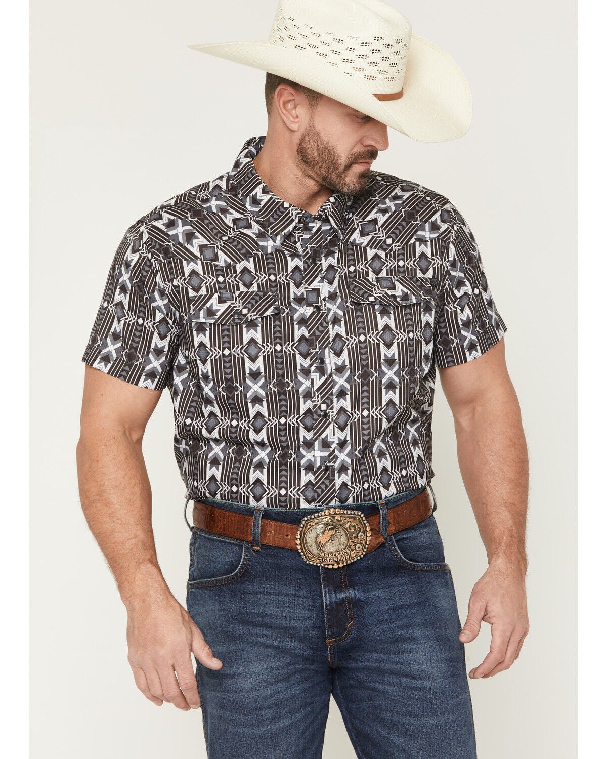 Image #1 - Rock & Roll Denim Men's Southwestern Print Short Sleeve Snap Stretch Western Shirt, Black, hi-res