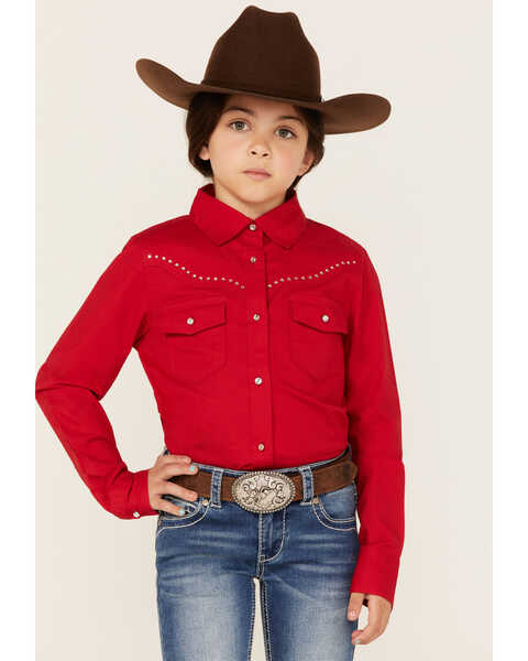 Shyanne Girls' Rhinestone Long Sleeve Western Button Down Shirt, Cherry, hi-res