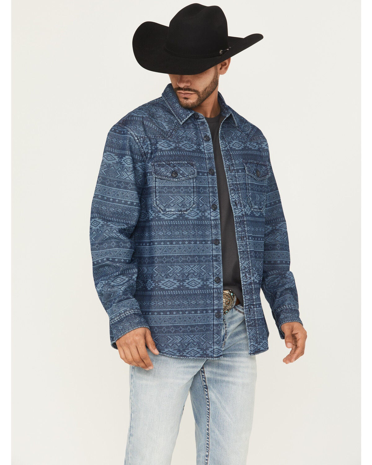 Cody James Men's Tonal Southwestern Print Fleece Lined Shirt Jacket, Indigo, hi-res
