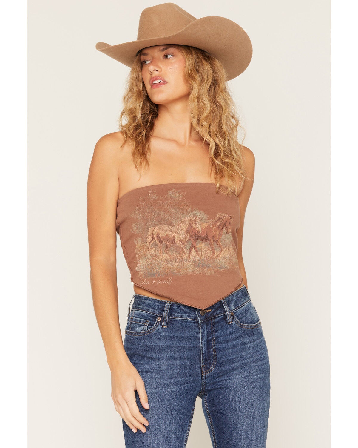 Image #1 - Cleo + Wolf Women's Running Horse Strapless Tie Top, Brown, hi-res