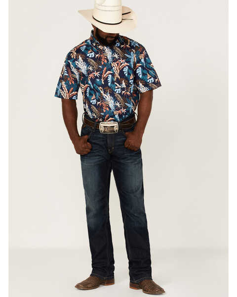 Rough Stock By Panhandle Men's Tropical Print Short Sleeve Button Down Western Shirt , Navy, hi-res