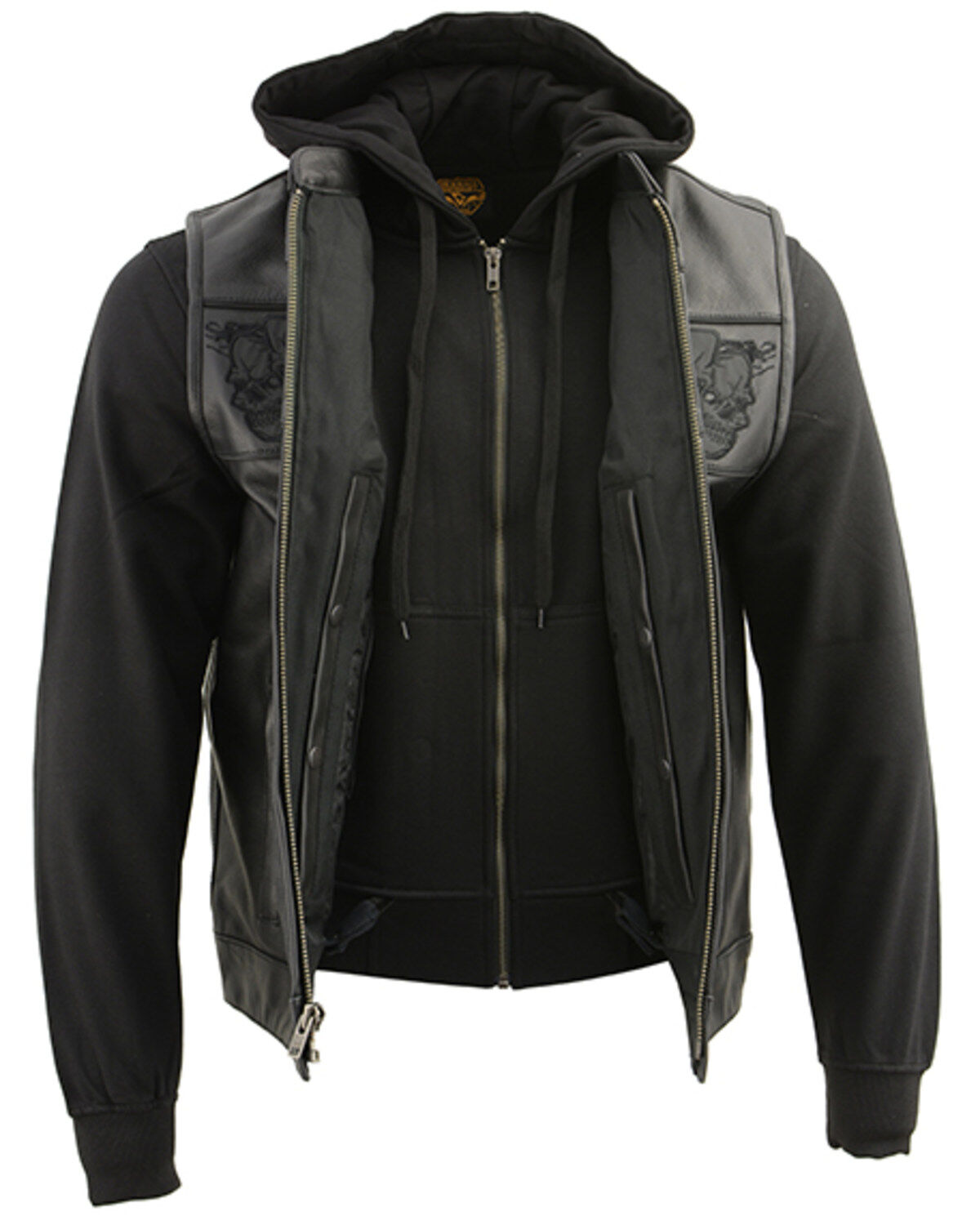 Image #2 - Milwaukee Leather Men's Leather Concealed Carry Vest with Reflective Skulls and Removeable Hoodie - 3X, Black, hi-res