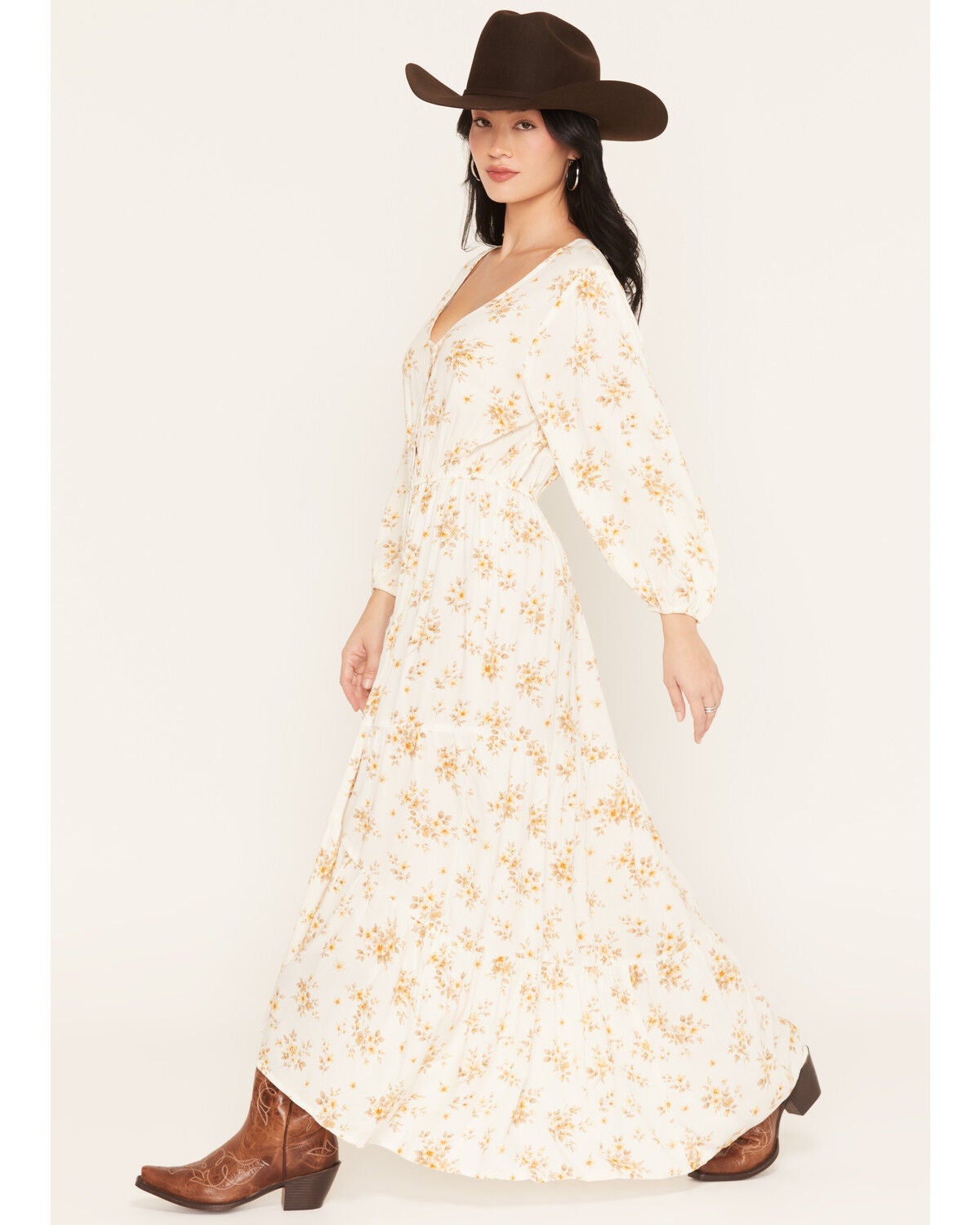 Image #3 - Cotton & Rye Women's Boot Barn Exclusive Floral Print Button-Front High-Low Midi Dress, Ivory, hi-res