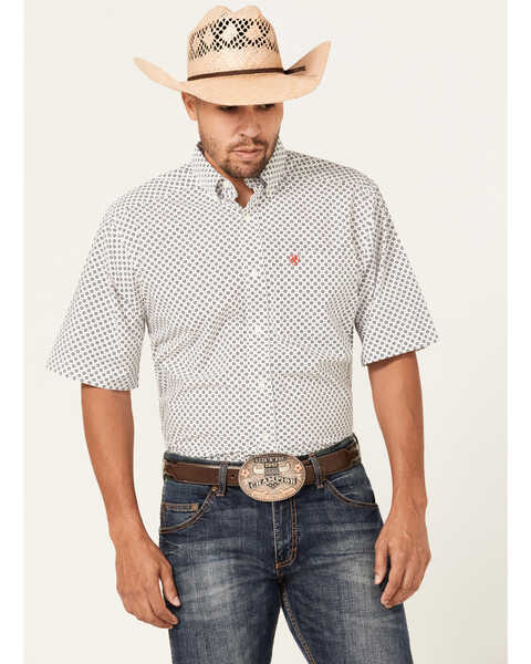 Ariat Men's Fionna Floral Geo Print Short Sleeve Button Down Western Shirt , White, hi-res