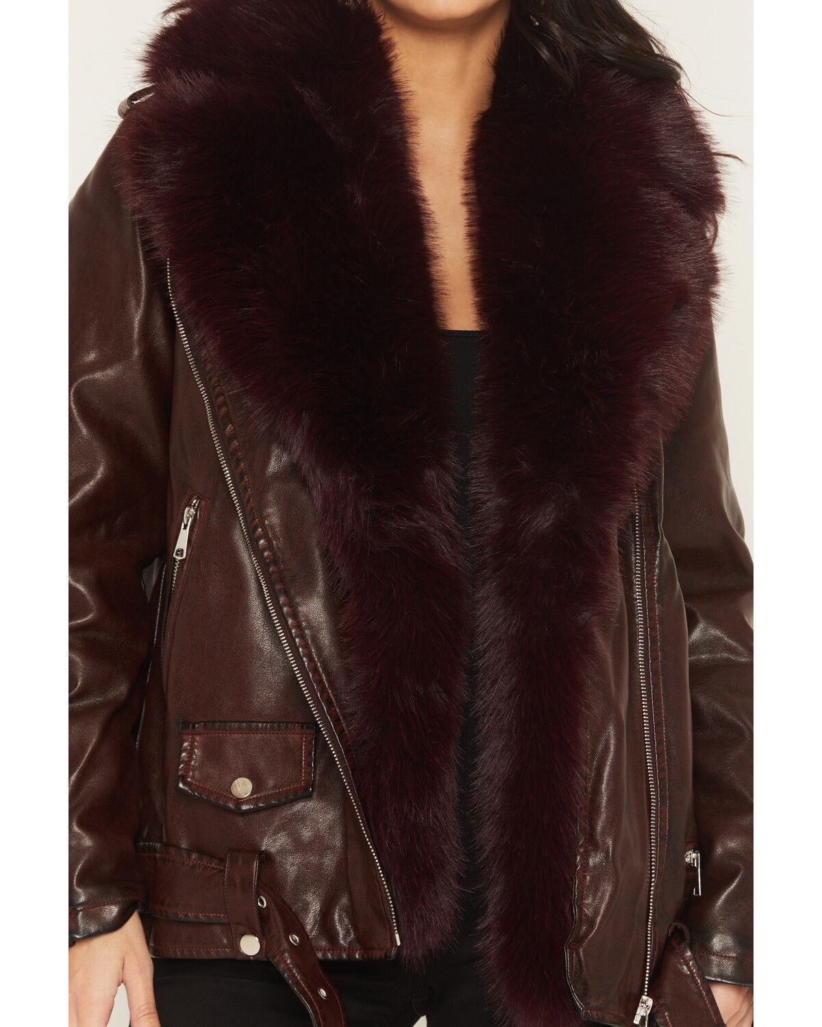 Image #3 - Azalea Wang Women's Aurelia Faux Fur Leather Jacket, Burgundy, hi-res